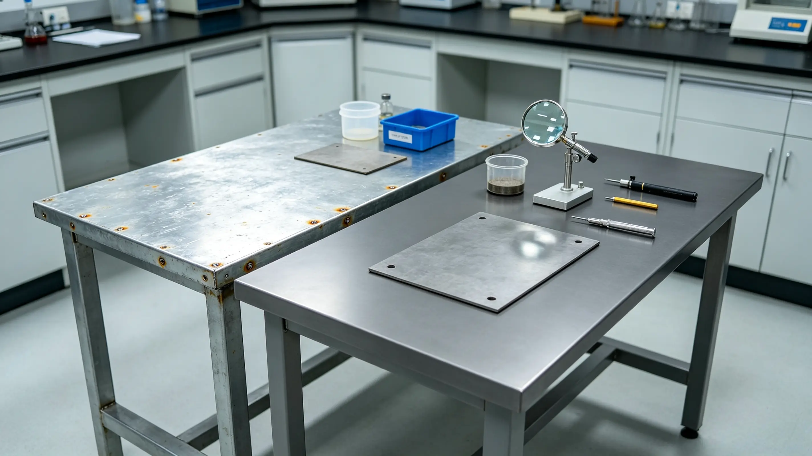 hot‑dip galvanized steel lab test bench real workshop scene hot‑dip galvanized steel lab test bench real workshop scene